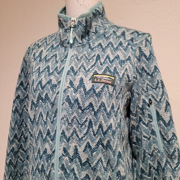 L.L. Bean Full Zip Sweater Fleece Jacket Green Chevron Tree Print, Size Medium - Picture 2 of 9